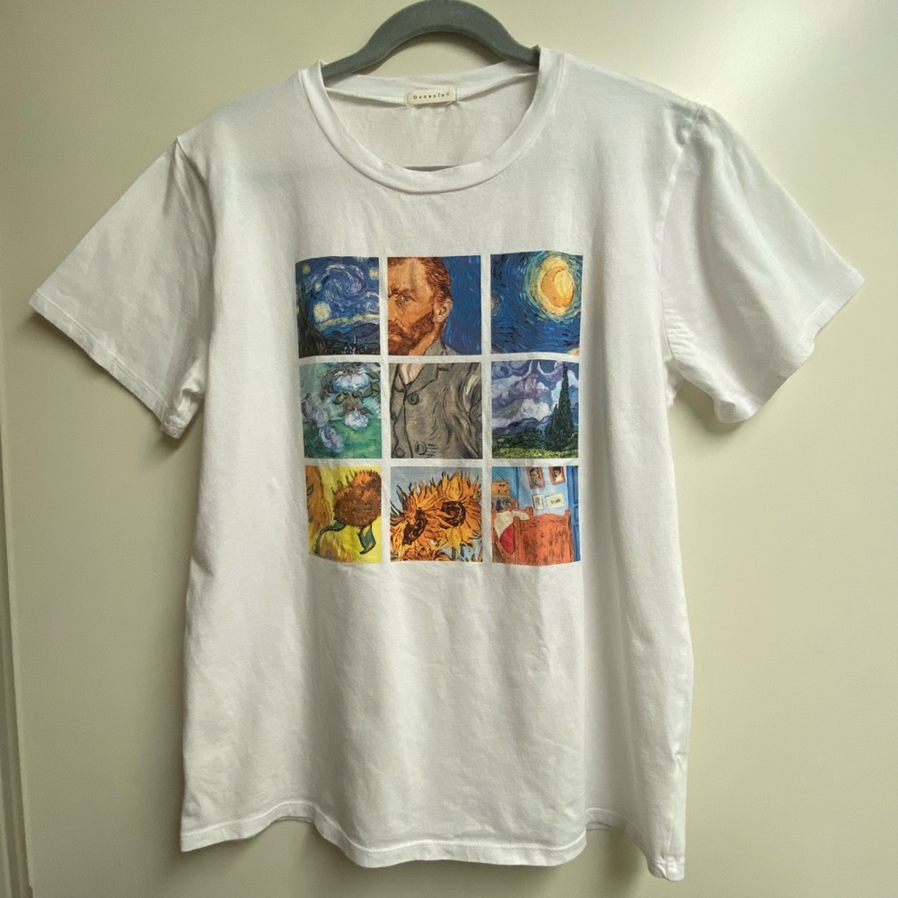 White Graphic T-Shirt with Van Gogh Art Print